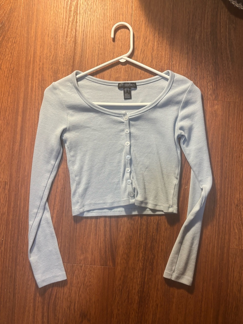 Essentials Light Blue Long-Sleeve Button Crop Top